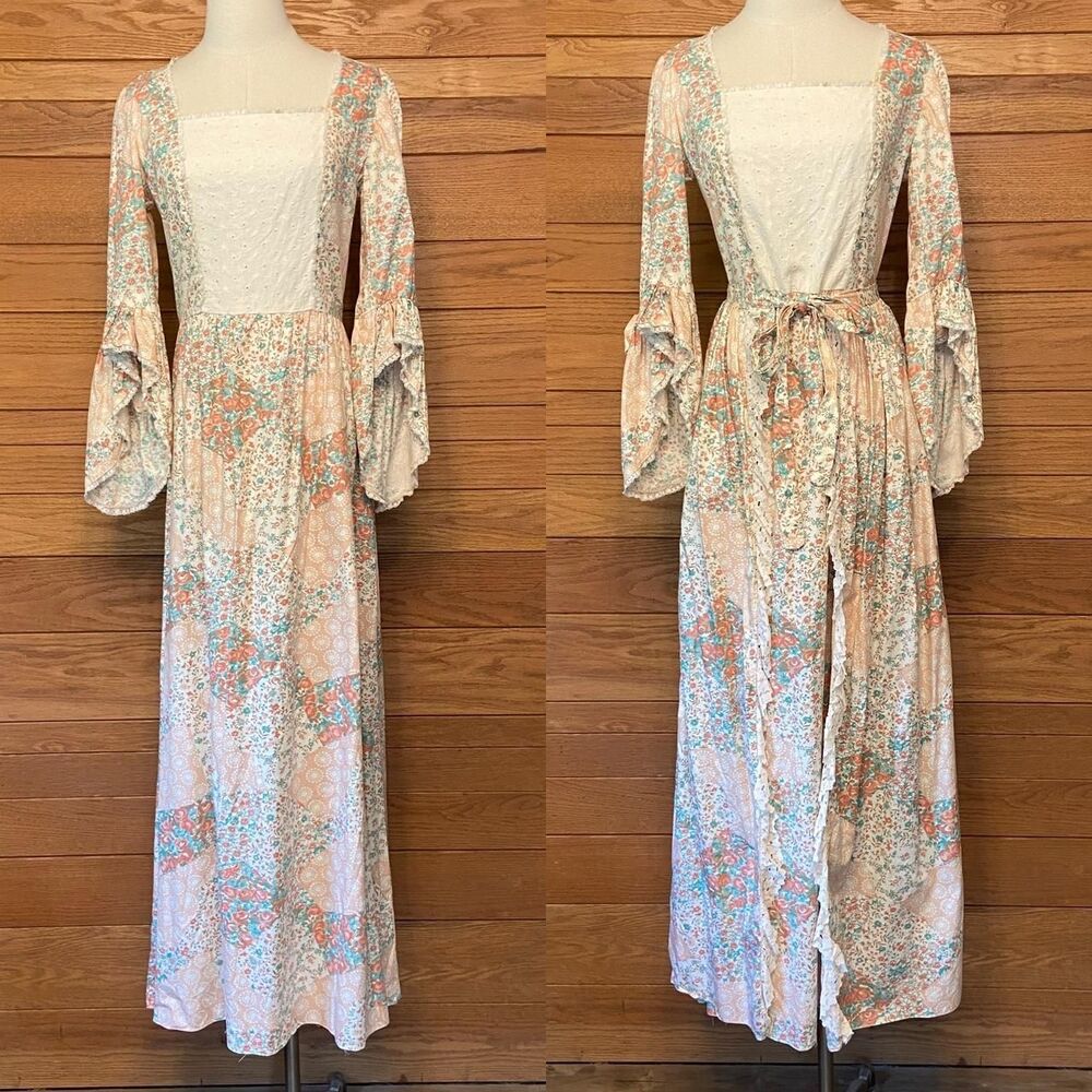 Vintage 1970s patchwork prairie boho maxi dress with overskirt